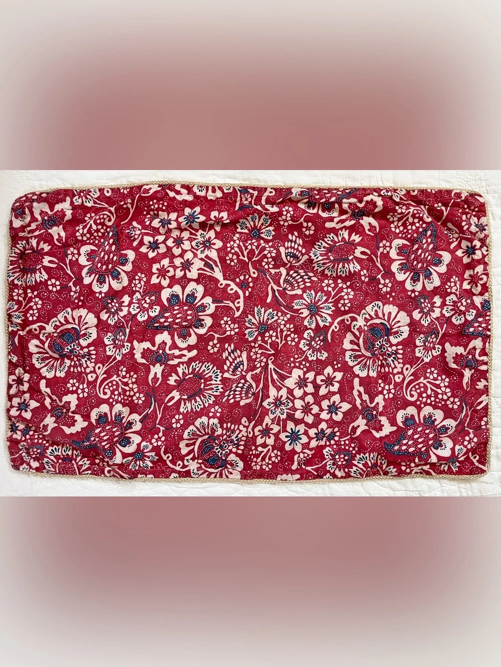 x2 Ralph Lauren Villa Martine KING Pillow Shams Red Blue Floral Jute Trim Cotton